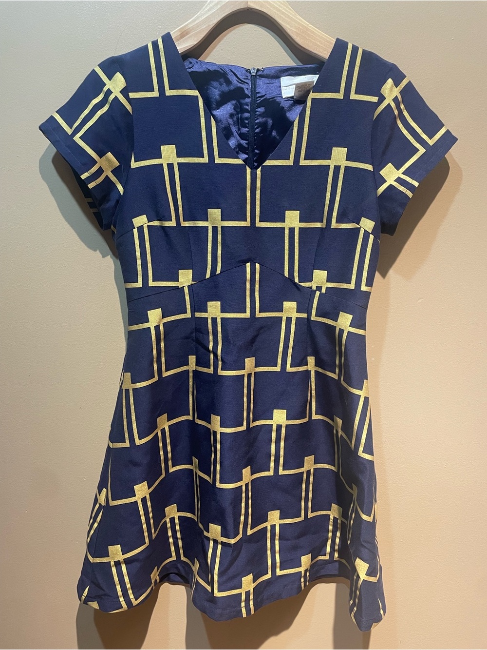 Julie Brown Geometric Dress Size 4 Blue Metallic Gold Cap Sleeve Minidress